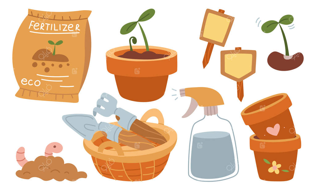 ابزارهای کاشت گیاهان در باغ: جوانه، کرم خاکی، بیلچه، خاک، کرم، بطری اسپری، بذرها. تصویرسازی ساده و رنگی. مناسب برای وبلاگ‌های باغبانی و بسته‌بندی محصولات باغی.