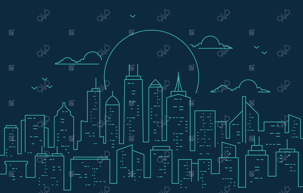 تصویرسازی خطی از منظره‌شهری شبانه و ساختمان‌ها