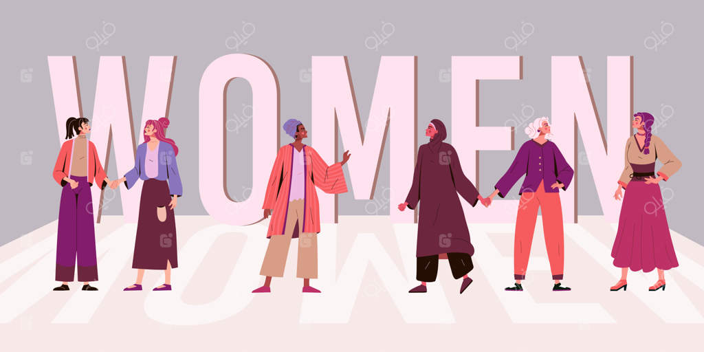 روز قدرتمند زنان: زنان و دختران فمینیست با هم، گروهی شاد از خواهران جهانی و متنوع ایستاده‌اند. پوستر برداری با حروف بزرگ.