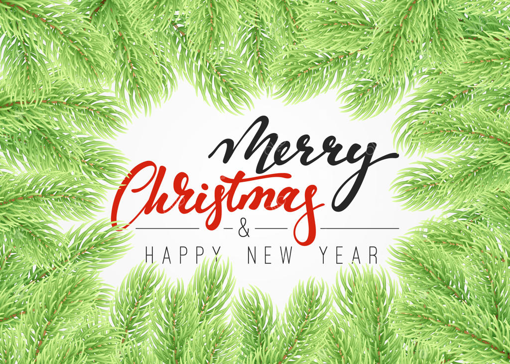 کریسمس مبارک و سال نو پر از شادی. پس‌زمینه‌ای جشنواره‌ای با شاخه‌های سبز درخت کریسمس و کاج. حاشیه‌ای از شاخه‌های سبز درخت کریسمس. تصویر وکتور