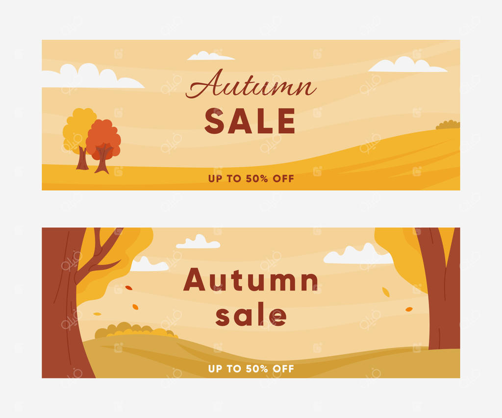 بنرهای حراج پاییزی همراه با مناظر زیبای پاییز. پس‌زمینه‌های افقی برای خرید، بازاریابی و تبلیغات فصلی