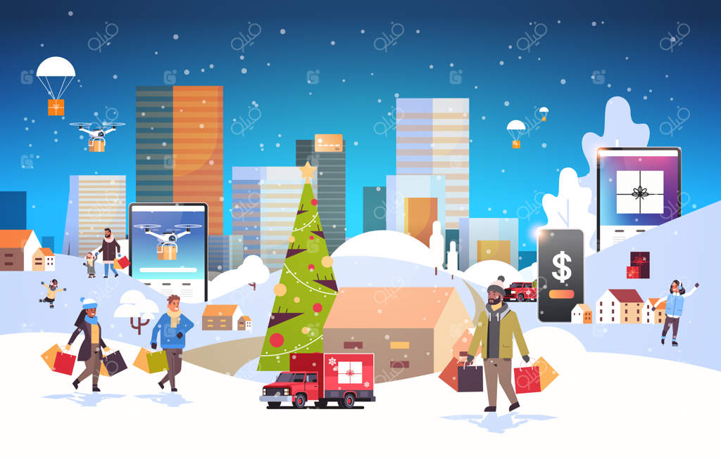 افراد با کیسه‌های خرید در حال پیاده‌روی و استفاده از اپلیکیشن موبایل آنلاین برای آماده‌سازی تعطیلات کریسمس و سال نو در شهر زمستانی - تصویرسازی