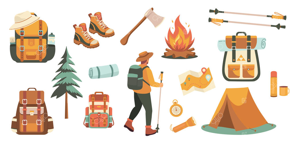 مجموعه لوازم کمپینگ و کوهنوردی، وسایل سفر تابستانی و پیک‌نیک، تجهیزات گردشگری و ماجراجویی