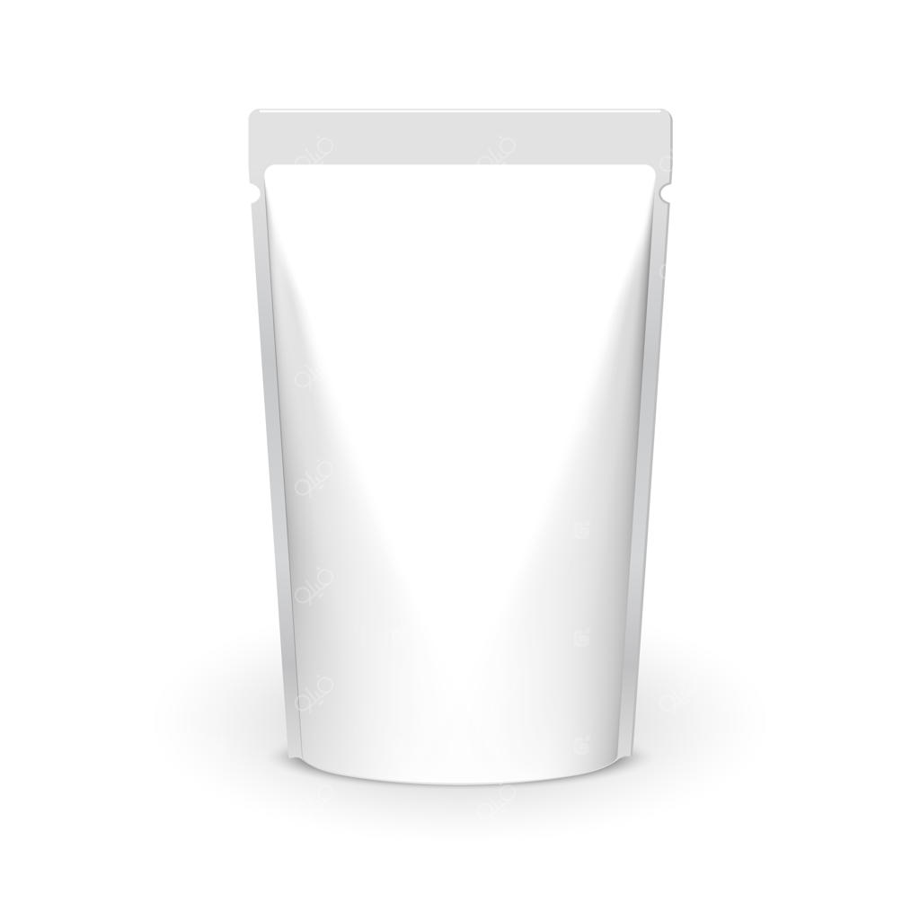 بسته‌بندی مواد غذایی فویلی روی سفید: قالب کیف بسته‌بندی محصول. طراحی بسته‌بندی مواد غذایی از جنس فویل یا پلاستیک.