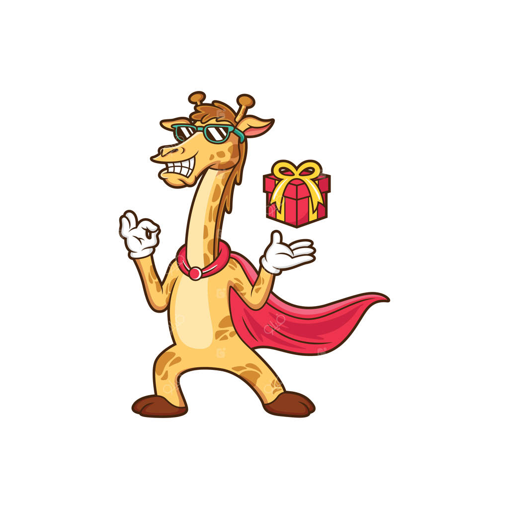 کارتون بامزه زرافه با هدیه در یک ژست جالب