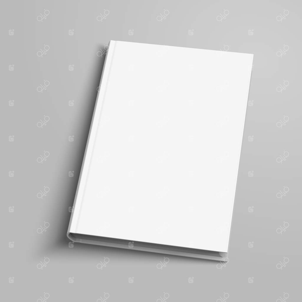 کتاب جلد سخت خالی بر روی پس‌زمینه طوسی روشن در تصویر سه‌بعدی