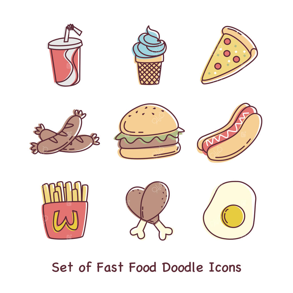 مجموعه‌ای از آیکون‌ها و وکتورهای طراحی شده‌ی فست‌فود روی پس‌زمینه‌ی سفید