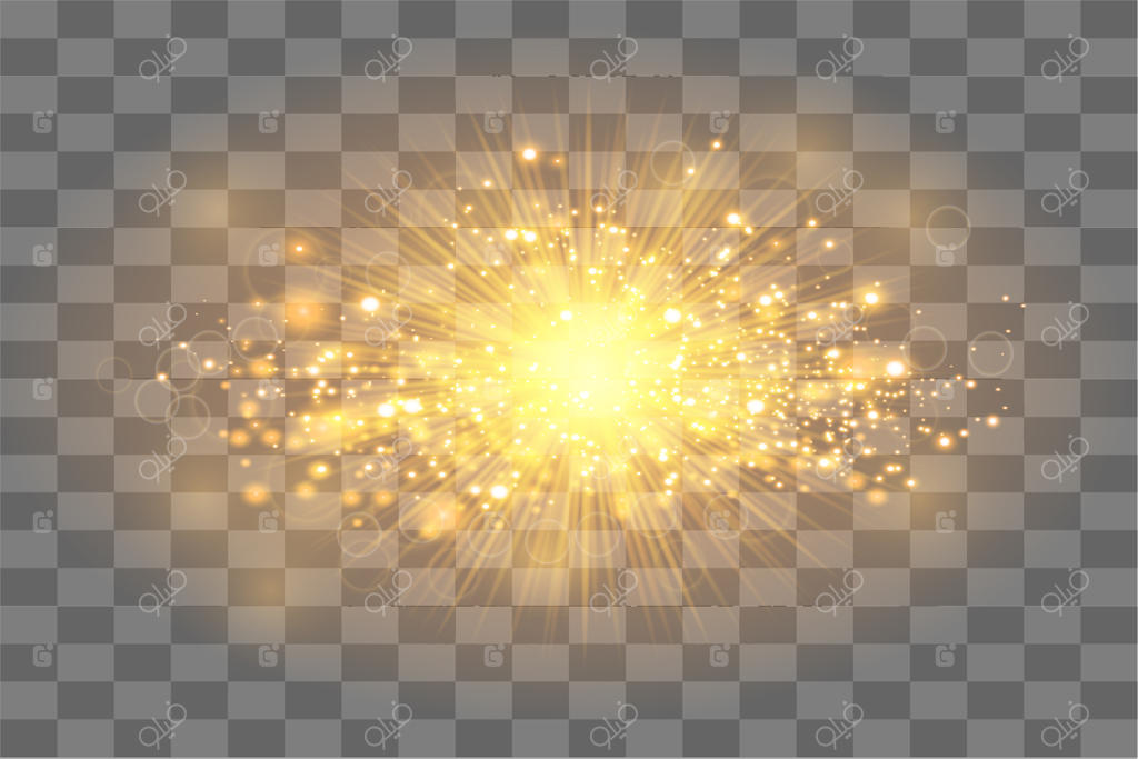 پرتوهای طلایی خورشید با درخشش و ذرات براق. پس‌زمینه طلایی انتزاعی