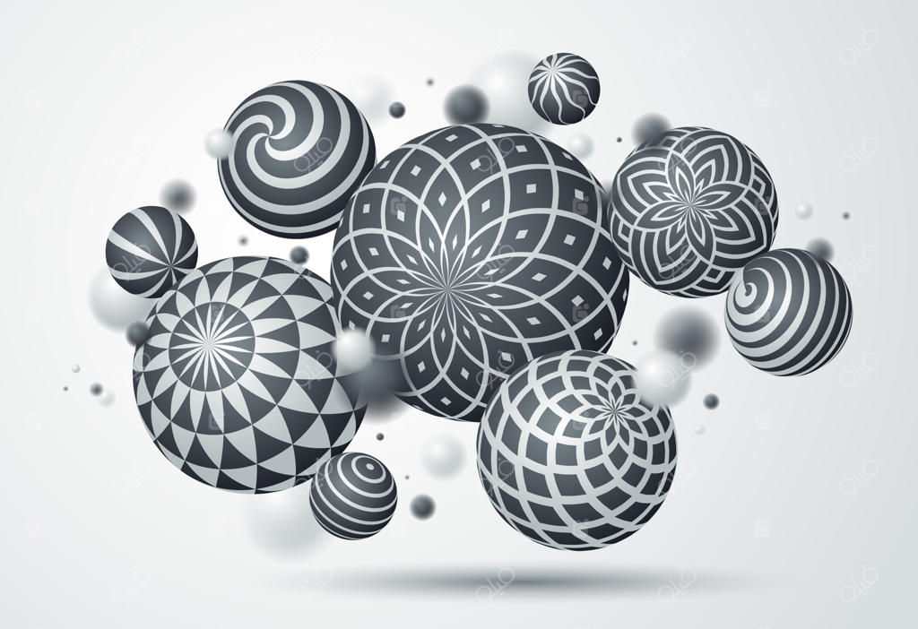 پس‌زمینه وکتور کره‌های انتزاعی، ترکیبی از توپ‌های پرنده با الگوهای تزئینی، گوی‌های سه‌بعدی متنوع و واقعی با زینت‌آلات، با تأثیر عمق میدان واقعی.