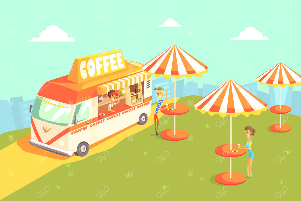 کافه خیابانی: منظره‌ای از طبیعت با میزها و کامیون قهوه