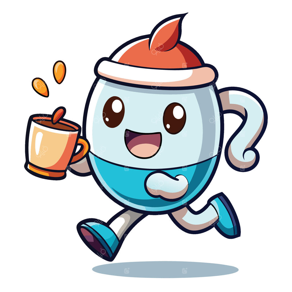 یک شخصیت تخم مرغ کارتونی در حال دویدن با یک فنجان قهوه