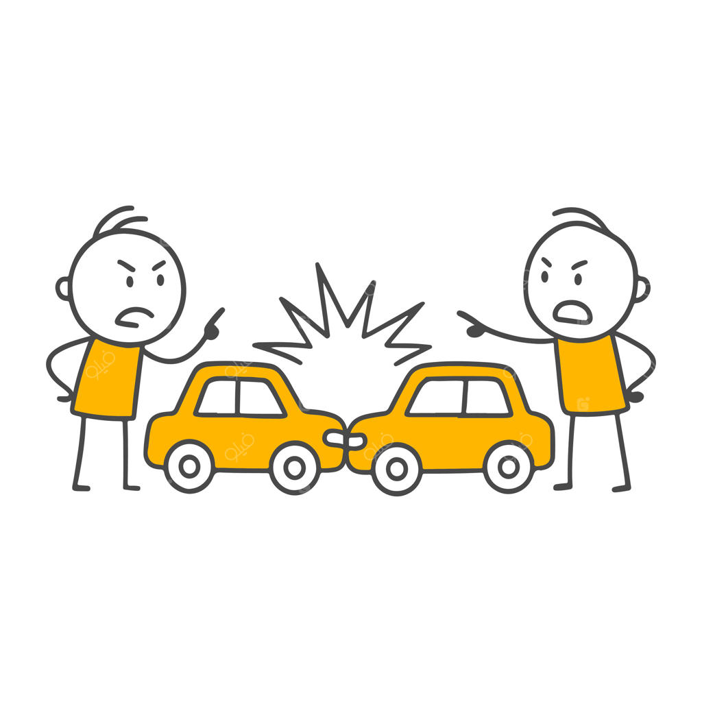 تصویری از اختلاف بر سر تصادف: دو شخصیت عصبانی در حال بحث بر سر ماشین‌های زرد تصادفی