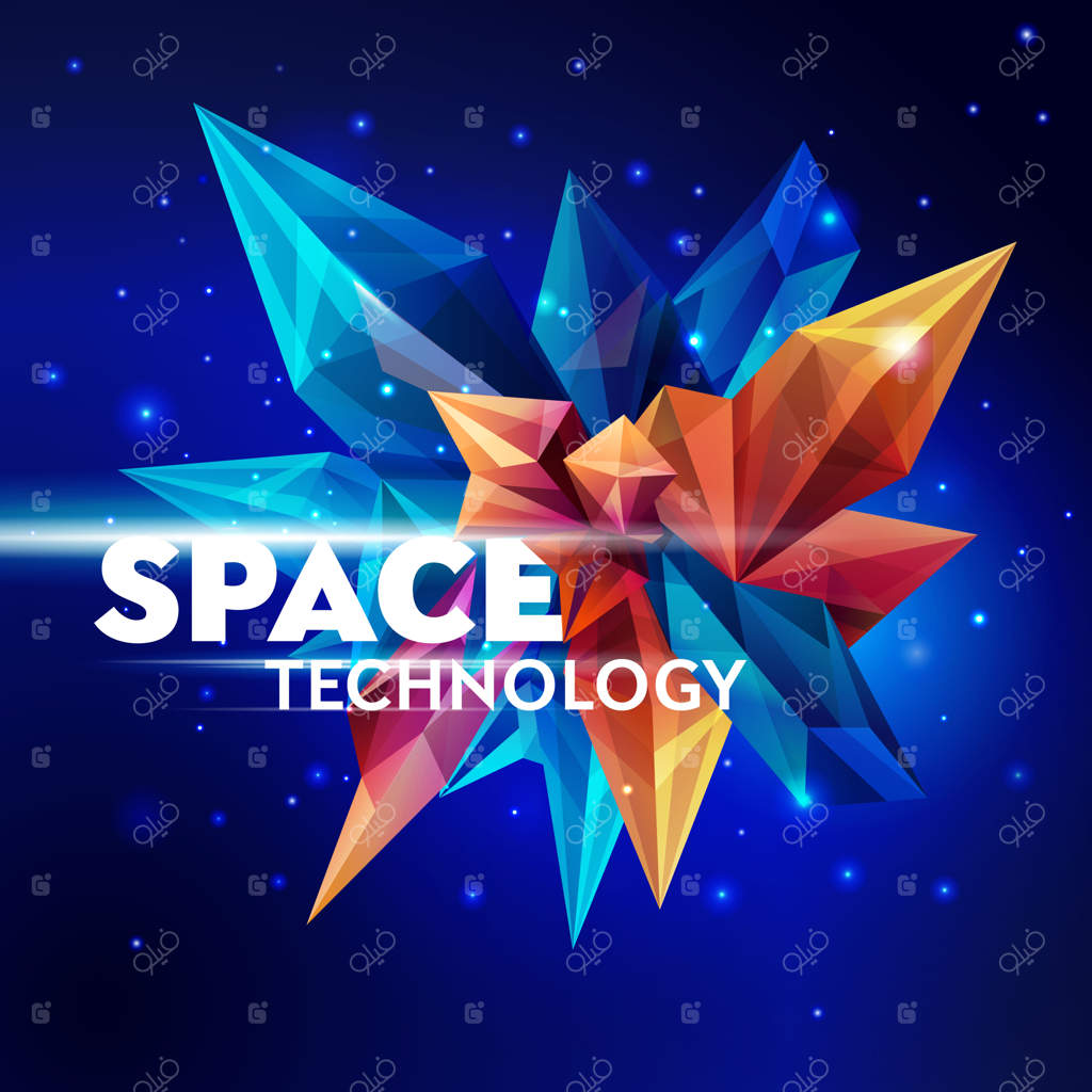 تصویر یک کریستال چندوجهی. فناوری فضایی. شهاب شیشه‌ای در فضای بیرونی. شکل هندسی انتزاعی بر پس‌زمینه آبی تیره. بنر آینده‌نگر. تصویرسازی به سبک سه‌بعدی