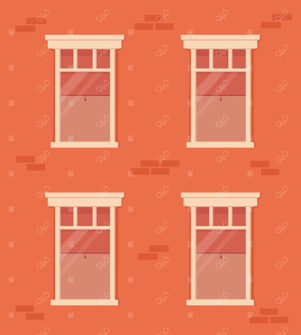 دیوار آجری و پنجره‌های با قاب سفید. نمای ساختمان مسکونی. خانه‌ای با پنجره‌های پرده‌دار و کرکره‌ای.