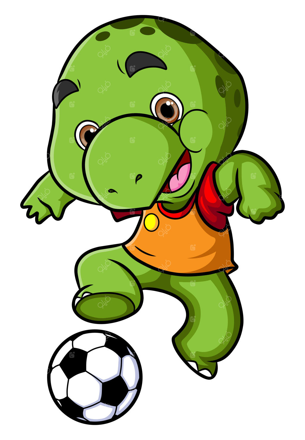 لاک‌پشت فوتبال بازی می‌کند و لباس پوشیده است