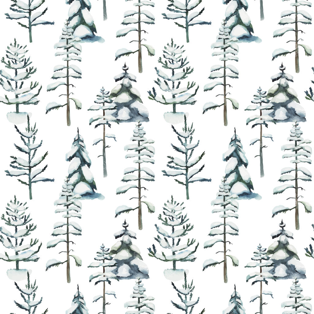طرح یکپارچه با درختان کاج و صنوبر برفی به صورت آبرنگی