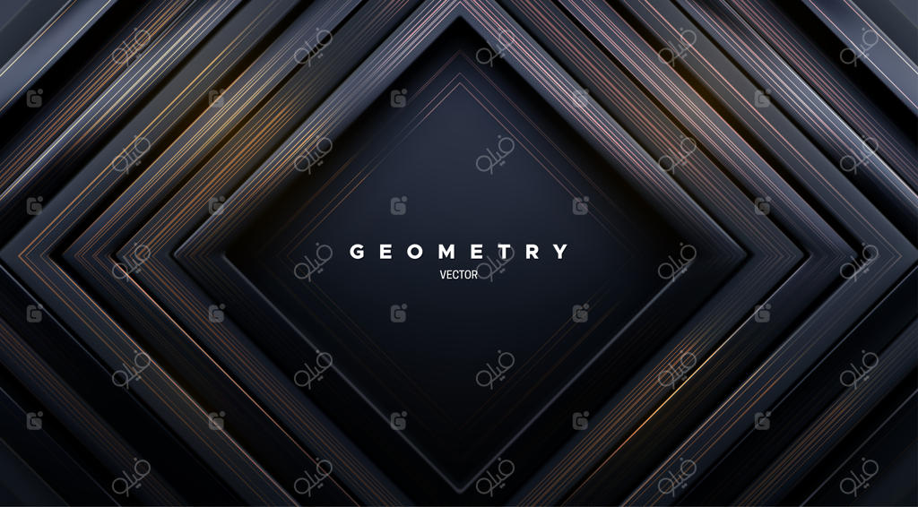 پس‌زمینه هندسی انتزاعی با قاب‌های مربعی مشکی و بافت طلایی براق
