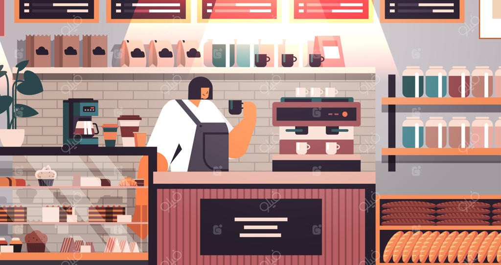 باریستای زن در حال نوشیدن قهوه در کافی‌شاپ مدرن - تصویر افقی