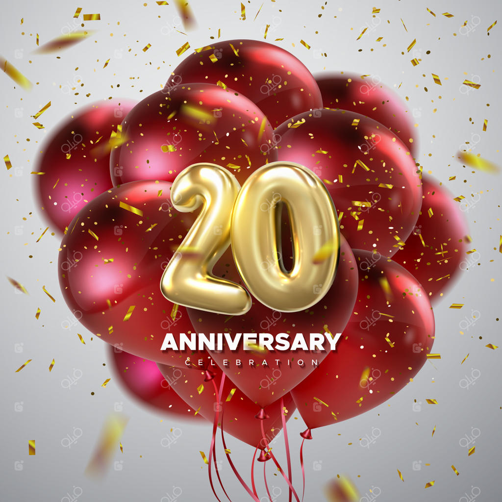 جشن بیستمین سالگرد با اعداد طلایی و تزیین بادکنک‌های جشن