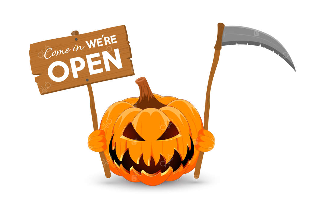 کدو تنبل با بنر چوبی و داس، نماد اصلی هالووین شاد