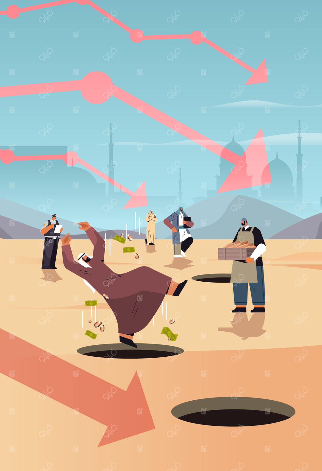 مفهوم فروپاشی اقتصاد: مردم عرب با شغل‌های مختلف در حال سقوط به درون چاه‌های باز، بحران مالی جهانی و ورشکستگی