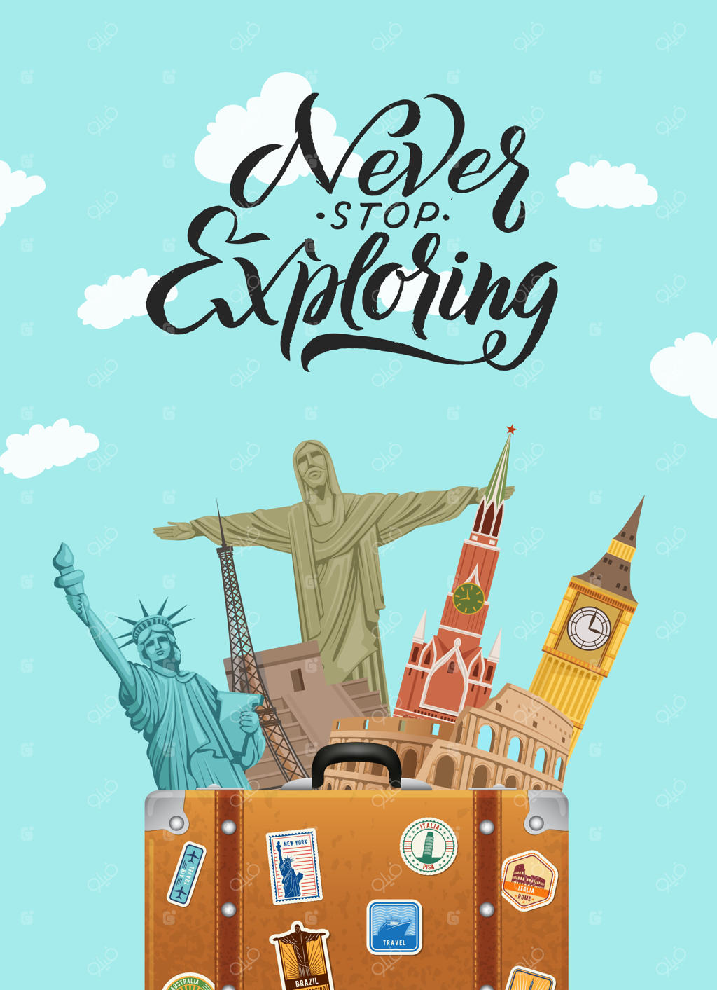 تصویرسازی عمودی از جاذبه‌های جهانی بالای چمدان با پس‌زمینه آسمان و نوشته‌ها