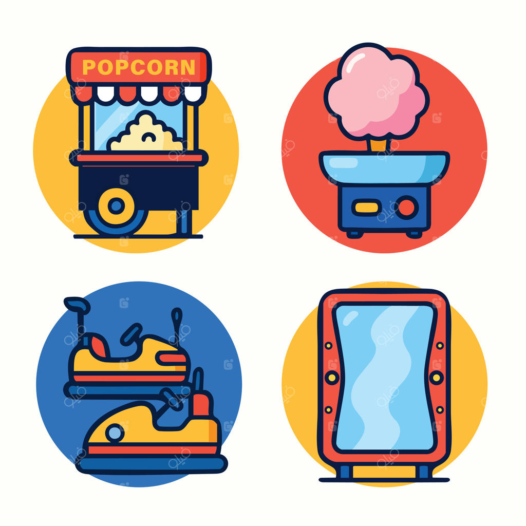 آیکون‌های شهربازی: چرخ‌دنده‌های جشنواره، چرخ پاپ‌کورن، ماشین پشمک، اتومبیل برقی، آینه خانه خنده