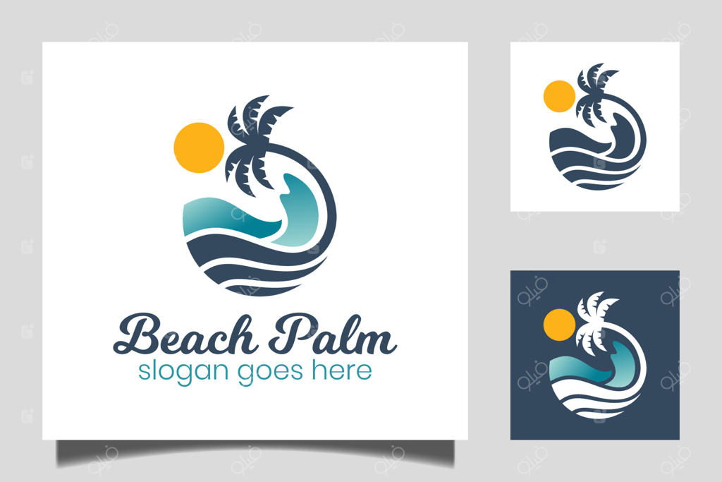 طراحی لوگو با موج آب دایره‌ای در اقیانوس و درخت نخل ساحلی به همراه نماد خورشید برای تعطیلات و تابستان
