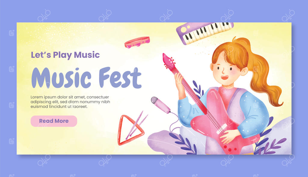 الگوی بنر افقی روز جهانی موسیقی به سبک نقاشی آبرنگ