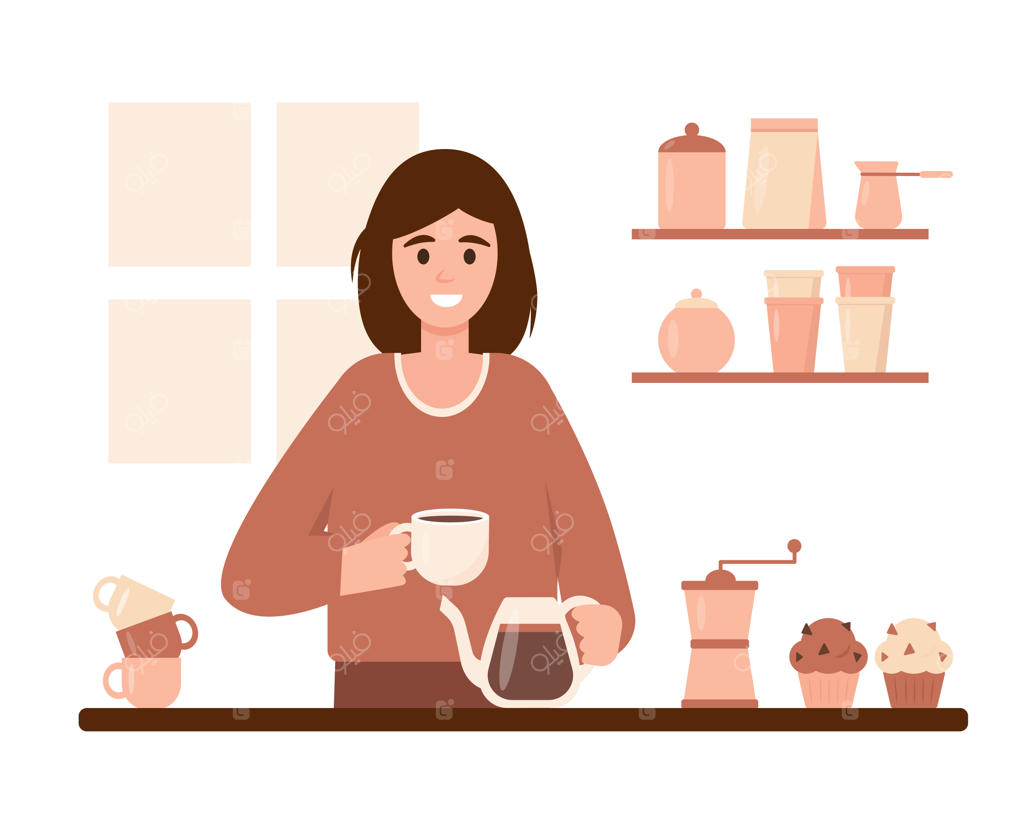 خانم جوان با یک فنجان قهوه در آشپزخانه خانه - باریستای زن در کافی‌شاپ