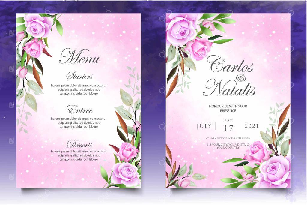 پترن کارت عروسی آبرنگی با طرح شکوفه‌ها و پاشش‌های زیبا