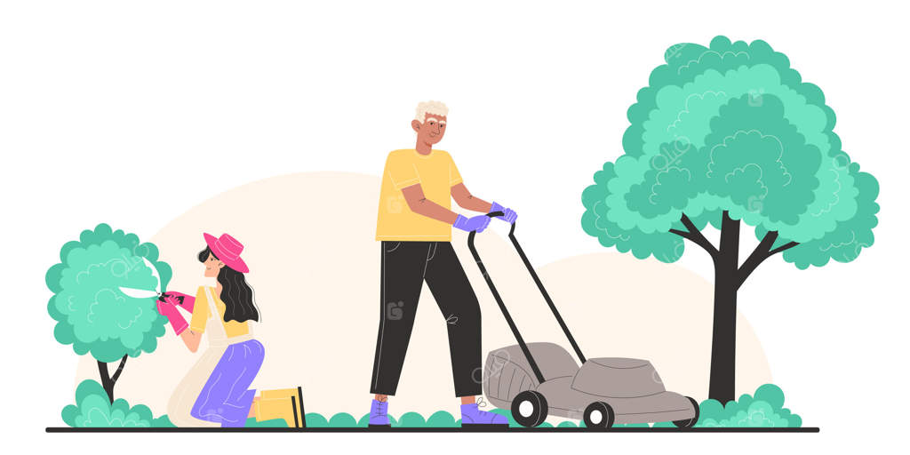 پیرمردی با ماشین چمن‌زنی چمن‌ها را کوتاه می‌کند و زن جوانی در باغچه بوته‌ها را هرس می‌کند