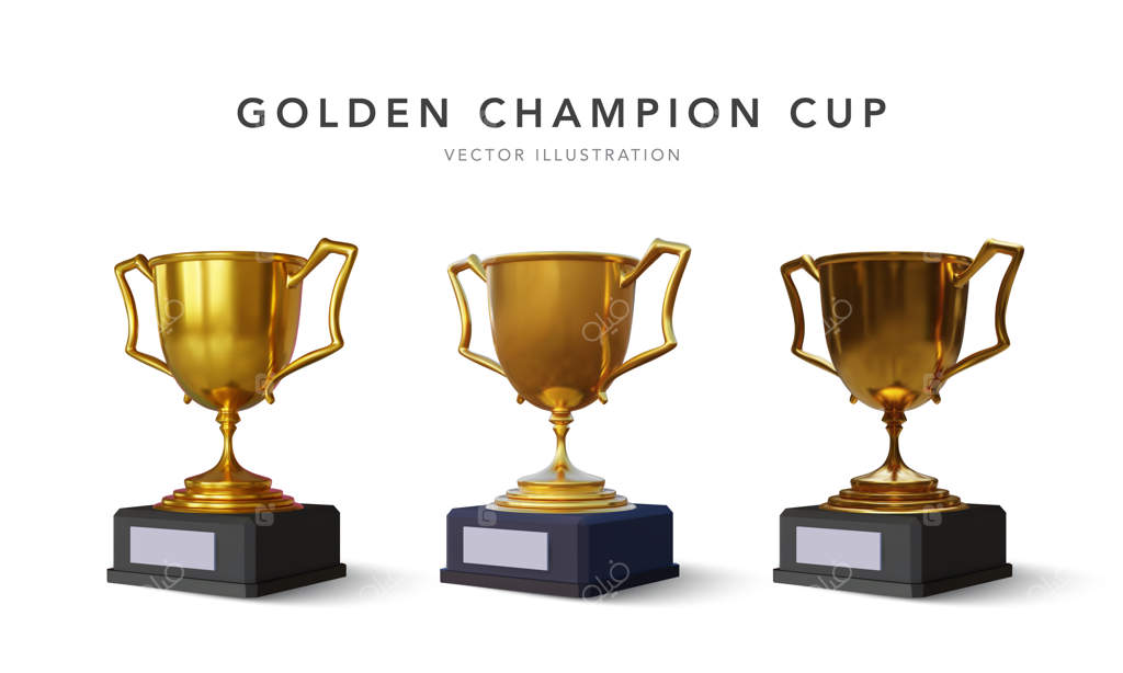 مجموعه‌ای از جام‌های طلایی روی زمینه سفید