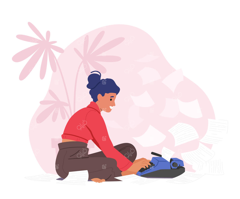 زن نویسنده یا ویراستار خلاق نشسته روی زمین با ماشین تحریر و کاغذهای پراکنده در اطراف