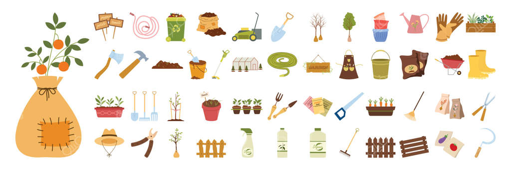 ابزار باغبانی ساده، گیاهان، حصارها و لوازم جانبی برای باغ‌های خانگی.