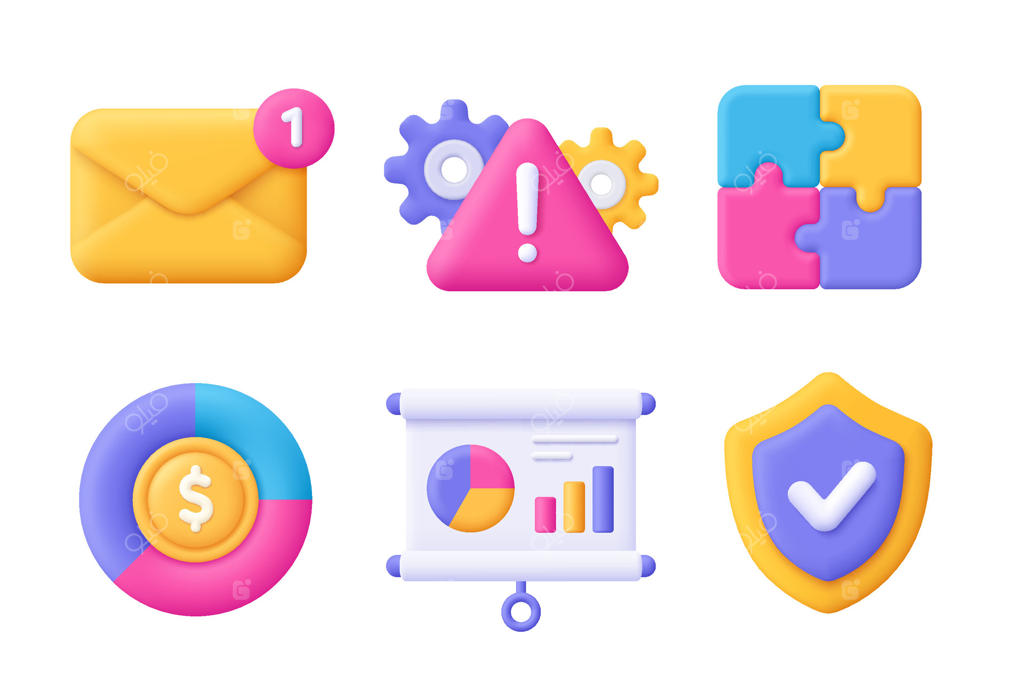 پاکت نامه، چرخ‌دنده، پازل، نمودار، چارت، تخته وایت‌برد، سپر. مجموعه آیکون سه‌بعدی کسب‌وکار. سبک کارتونی و مینیمال.