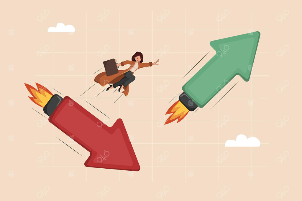 پرش نمادین یک زن تاجر از بازار سقوط یافته به پیکان موفقیت رو به رشد در فرصتی برای رشد و توسعه.