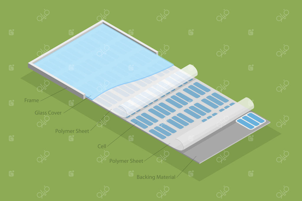 تصویر مفهومی ایزومتریک سه‌بعدی از پنل‌های خورشیدی، دیاگرام آموزشی