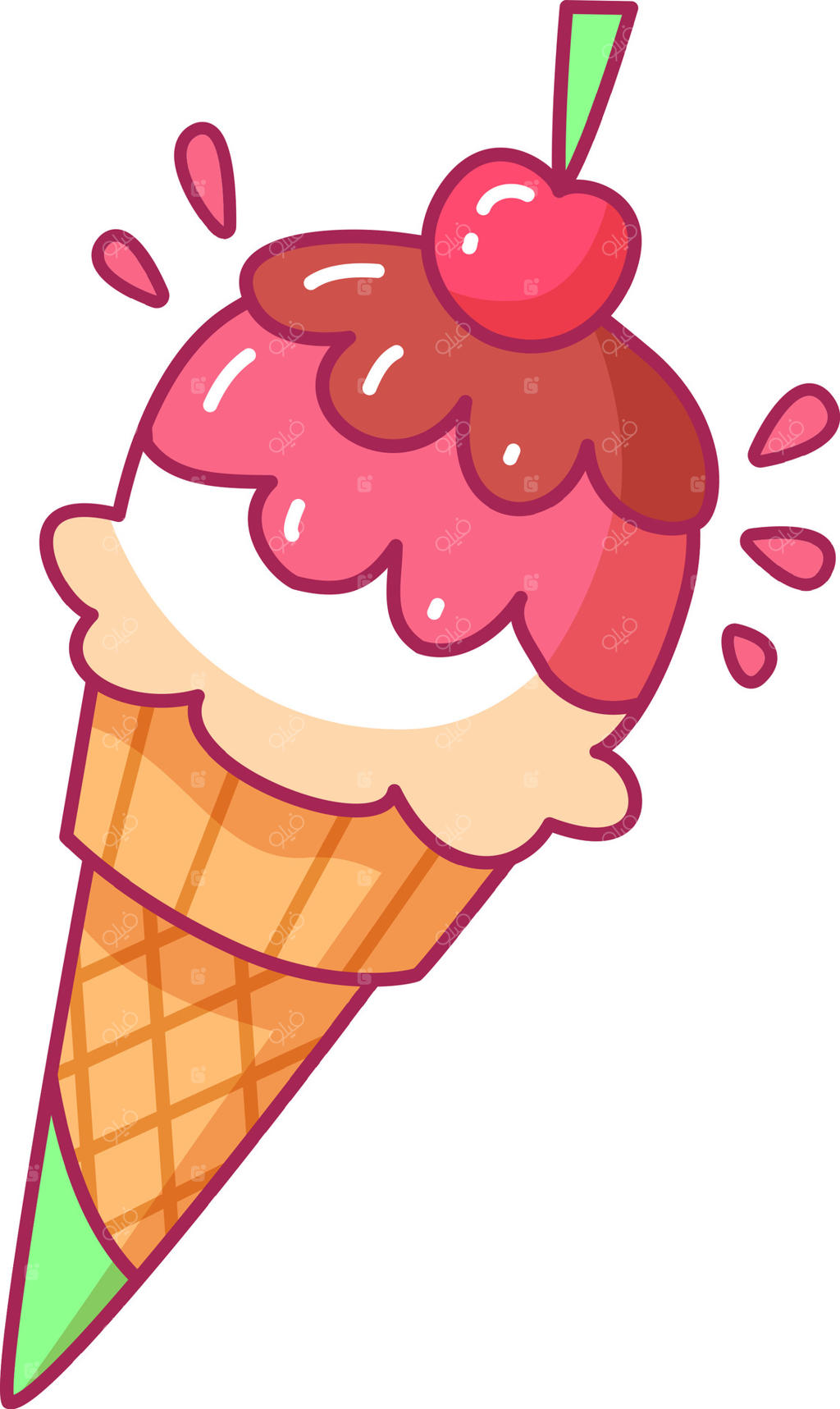 یک بستنی قیفی چشم‌نواز با اسکوپ‌های صورتی و سفید و گیلاسی بر روی آن، با شکلاتی که از اطراف جاری است و حس یک خوراکی شیرین و لذت‌بخش را القا می‌کند