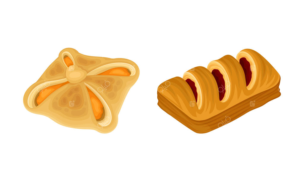 محصولات خمیر هزارلا برای منوی نانوایی: نان‌های شیرین با مربا و مجموعه‌ای خوشمزه از نان‌ها و شیرینی‌ها