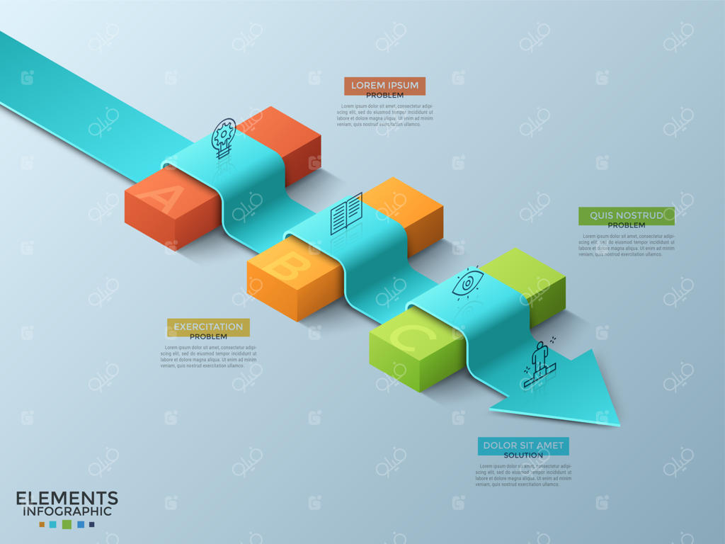 پیکان قرار گرفته روی ۳ بلوک ایزومتریک رنگی، با آیکون‌ها و جعبه‌های متنی. مفهوم حل مشکلات تجاری و غلبه بر موانع. قالب طراحی اینفوگرافیک مدرن.