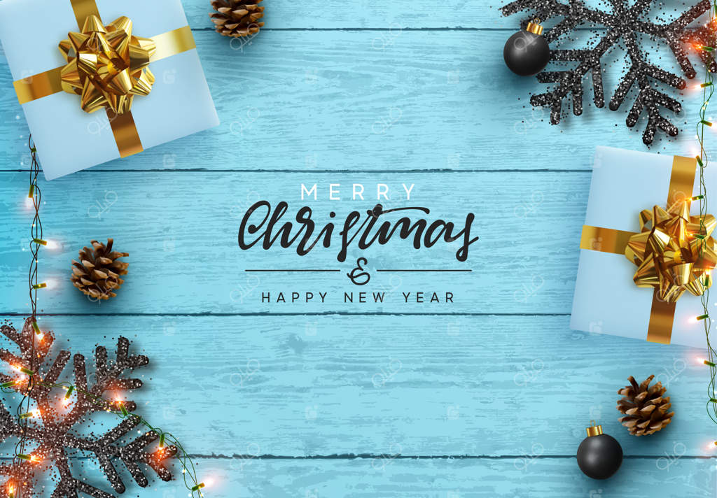 ترکیب کریسمس بر روی پس‌زمینه چوبی: طراحی تزئینات کریسمس، جعبه هدیه، دانه‌برف مشکی، ریسه طلایی، مخروط کاج. بافت چوب آبی واقعی. نمای بالایی. تصویر برداری.