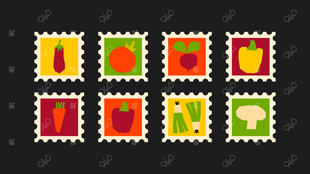 مجموعه مهر سبزیجات - کلم، گوجه‌فرنگی، آووکادو، کرفس، هویج، فلفل. شامل طرح‌های تمبر یا پوستر از محصولات مزرعه‌ای دست‌کشیده در سبک ساده و ابتدایی.