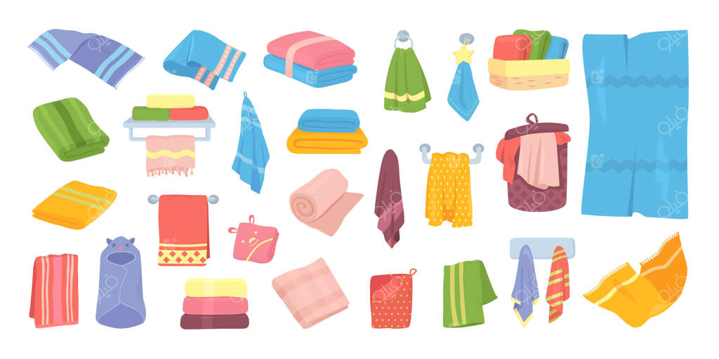 مجموعه‌ای از تصاویر حوله‌های پارچه‌ای حمام. حوله‌های نخی برای حمام، آشپزخانه و هتل برای پارچه بهداشتی. مجموعه حوله‌های نرم و خانگی تا شده و آویزان بر روی زمینه سفید.