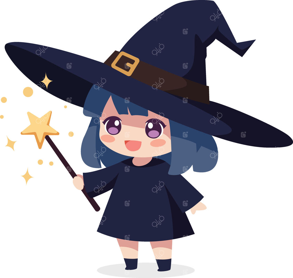 جادوگر کارتونی بامزه با موهای آبی و کلاه و لباسی تیره، در حال نگه‌داشتن یک چوب جادویی با سر ستاره‌ای - تصویر وکتور حرفه‌ای