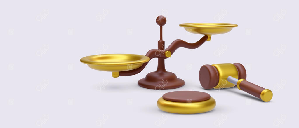 مفهوم قانون و عدالت با ترازوی عدالت و چکش قاضی در سبک کارتونی سه‌بعدی وکتور واقع‌گرایانه