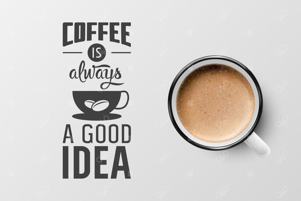 ماگ فلزی سه‌بعدی سفید با طرح گرافیکی و فوم کاپوچینو یا لاته: نمای بالا با نقل قول‌هایی درباره قهوه