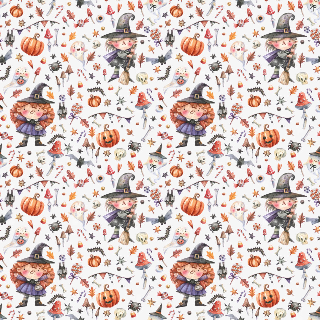 پترن بی‌وقفه هالووین با جادوگران بامزه، کدو تنبل، قارچ سمی و خفاش‌ها به سبک کارتونی