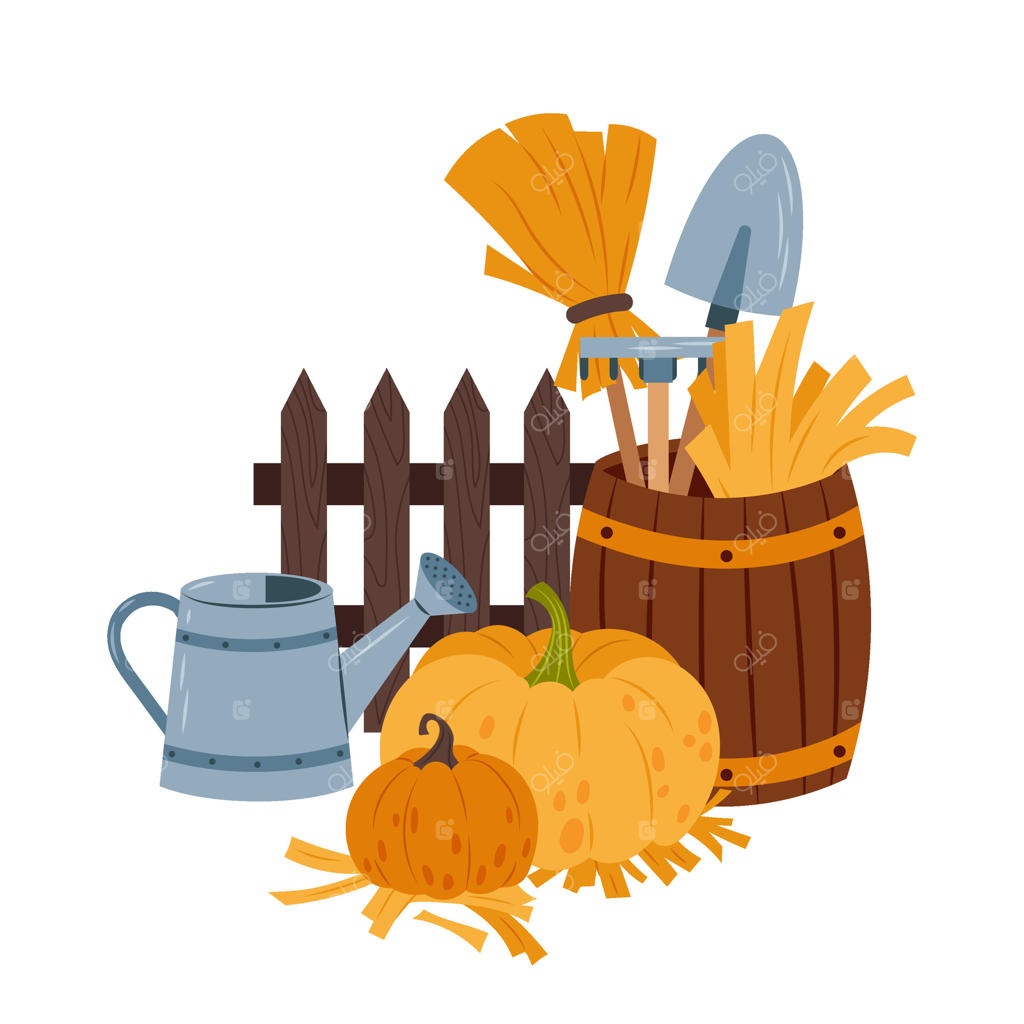 ابزار باغبانی: تصویرسازی مزرعه با آب‌پاش، کدو تنبل‌ها و ابزار کشاورزی. زندگی روستایی در پاییز با بشکه چوبی. تصویرسازی تخت روی پس‌زمینه سفید.