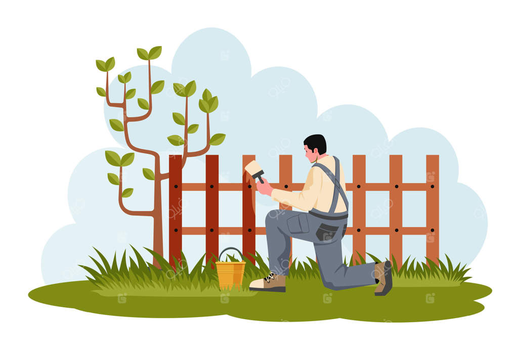 باغبان در حال رنگ‌آمیزی نرده چوبی در باغ در بهار با قلم‌مو و سطل رنگ - چمن سبز و درخت کوچک. نقاشی به سبک کارتونی تخت.